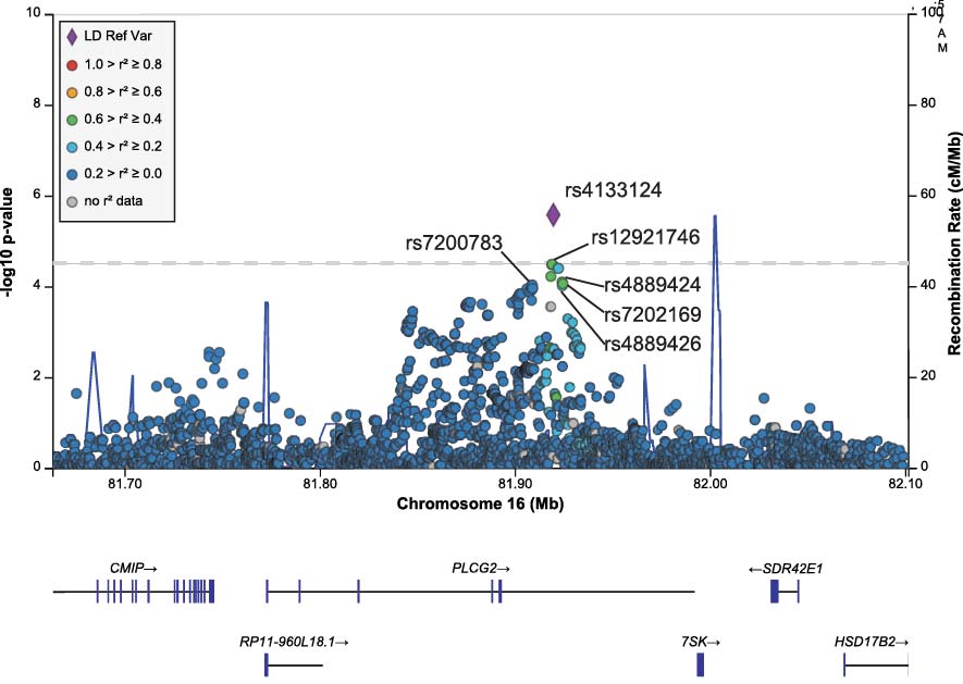 Regional association plot at the PLCG2 locus highlighting the AMD-associated variant rs4133124